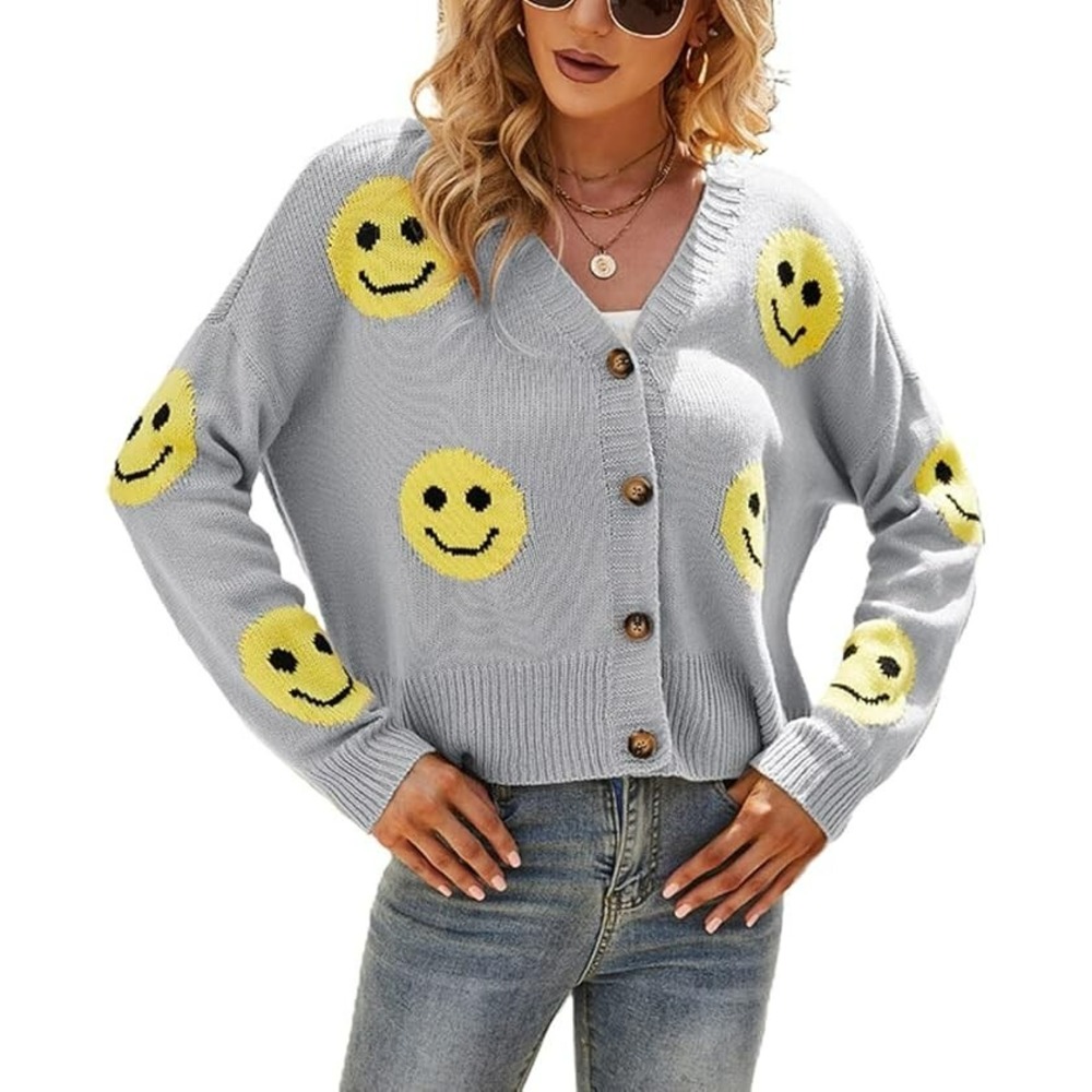 Chouyatou Smile Face Jacquard Knitted Crop V Neck Cardigan Sweater Jacket Small